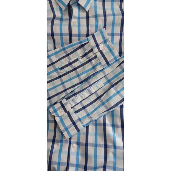 Alfani Slim Fit Stretch XL 17- 17.5 / 34-35 Men's Button Up Blue White Plaid - Picture 11 of 13